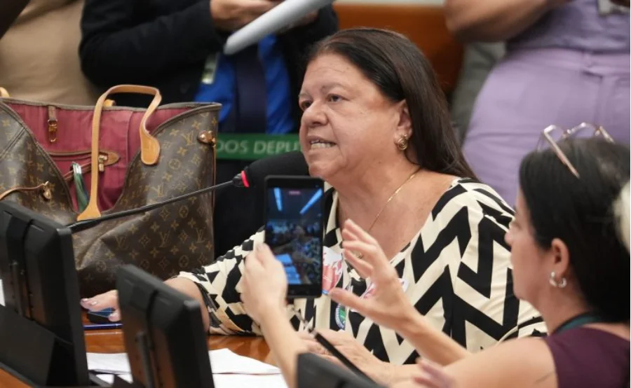 Deputada Laura Carneiro, relatora do PL 1699/25, fala ao microfone durante sessão na Câmara dos Deputados sobre a criminalização de desafios perigosos e jogos fatais na internet para crianças e adolescentes.