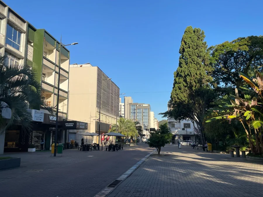Calçadão do comércio central de Criciúma com lojas abertas e prédios comerciais sob céu azul, representando a movimentação do evento Sábado Mais em Santa Catarina.