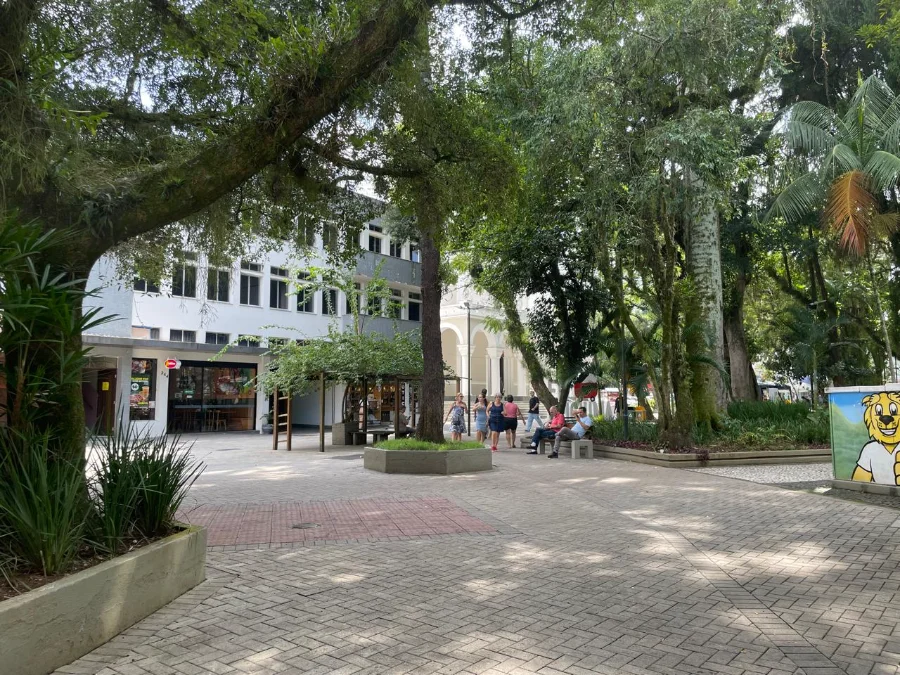 Comércio de Criciúma funciona até as 17h neste sábado Vista arborizada da Praça Nereu Ramos, no centro de Criciúma, com pessoas circulando entre árvores e bancos durante a edição do Sábado Mais com o comércio aberto.