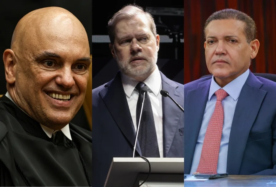 Montagem fotográfica com os ministros do STF Alexandre de Moraes, Dias Toffoli e Kassio Nunes Marques. A imagem ilustra a investigação da CPI sobre o uso de 11 voos em jatinhos privados de empresas ligadas ao Banco Master pelos magistrados.