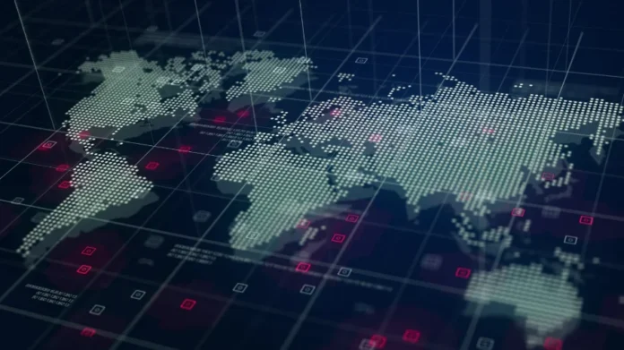 FIESC debate o novo tabuleiro global bélico Mapa múndi digital estilizado com pontos de dados brilhantes e grade tecnológica, simbolizando a ciberdefesa e a integração de dados na nova geopolítica global discutida pela FIESC.