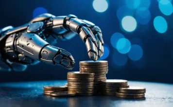 Finep leva R$ 3,3 bilhões para inovação em Santa Catarina Mão de robô prateado sobre pilhas de moedas de ouro, simbolizando o crédito e fomento financeiro da Finep para inovação tecnológica em Santa Catarina. Fundo com bokeh de luzes azuis e verdes.