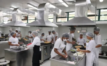 Jovens do Bairro da Juventude têm aula prática na Unesc Estudantes do Bairro da Juventude em aula prática de gastronomia no laboratório da Unesc, aprendendo técnicas de manipulação de alimentos e preparo de sanduíches em bancadas de aço inox.