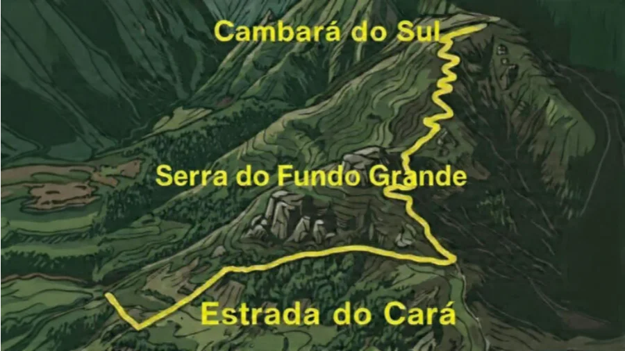 Mapa ilustrado em vista aérea mostrando o traçado em amarelo da nova estrada que ligará a Estrada do Cará (perto de Jacinto Machado) a Cambará do Sul, passando pela Serra do Fundo Grande. A imagem destaca a rota de integração regional entre o Extremo Sul Catarinense e o Planalto Gaúcho, focada em turismo sustentável e desenvolvimento.