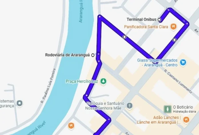 Ônibus em Araranguá têm desvios a partir de quinta-feira Mapa do centro de Araranguá mostrando o desvio temporário das linhas de ônibus Tarifa Zero. A imagem destaca o trajeto alternativo passando pela região da Praça Hercílio Luz e do Santuário Nossa Senhora Mãe dos Homens durante a festa religiosa.
