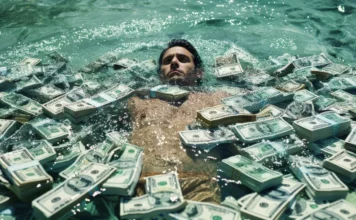 Oxfam: elite global oculta fortuna em paraísos fiscais Homem flutuando em um mar de dinheiro cercado por maços de notas de dólares americanos, ilustrando de forma metafórica a concentração de riqueza offshore e o uso de paraísos fiscais pela elite global de 0,1% para sonegação de impostos.