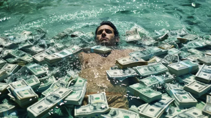 Oxfam elite global oculta fortuna em paraísos fiscais Homem flutuando em um mar de dinheiro cercado por maços de notas de dólares americanos, ilustrando de forma metafórica a concentração de riqueza offshore e o uso de paraísos fiscais pela elite global de 0,1% para sonegação de impostos.