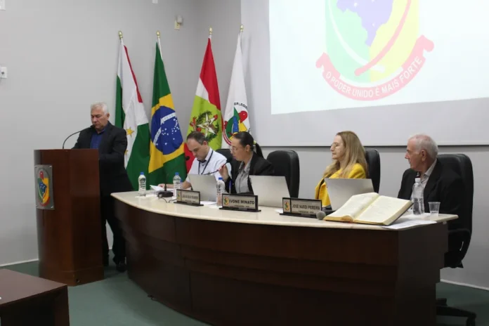Reginaldo Araújo assume vaga na Câmara de Forquilhinha Reginaldo Araújo Netto discursa na tribuna durante sua posse como vereador na Câmara Municipal de Forquilhinha, em sessão presidida por Laísa Figueredo com bandeiras ao fundo.