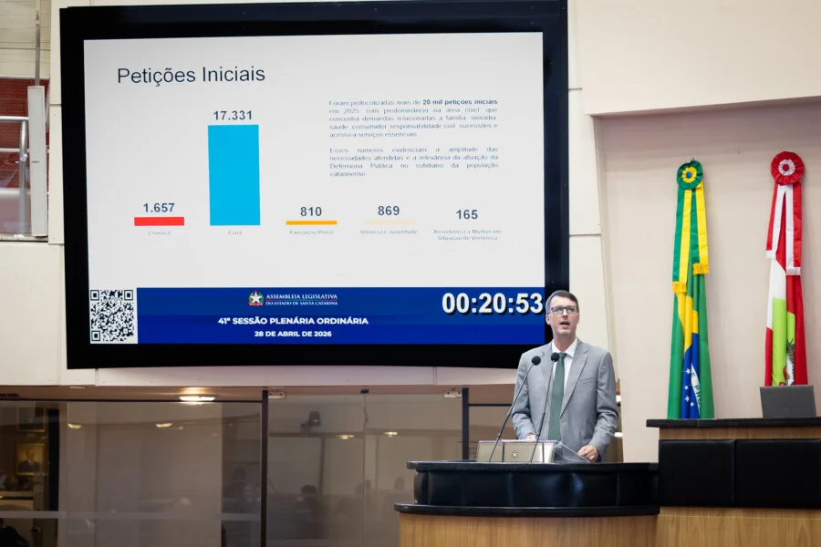 Defensor público-geral Ronaldo Francisco discursa no plenário da Alesc durante apresentação do Relatório de Atividades 2025 da Defensoria Pública de Santa Catarina. Ao fundo, painel exibe gráfico de barras com dados de petições iniciais cíveis e criminais.