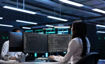 SENAI/SC abre ciclo de palestras gratuitas sobre software Desenvolvedora de software trabalhando em frente a monitores com códigos de programação em ambiente tecnológico, representando a capacitação gratuita do programa SCTEC do SENAI/SC para o mercado de TI em Santa Catarina.