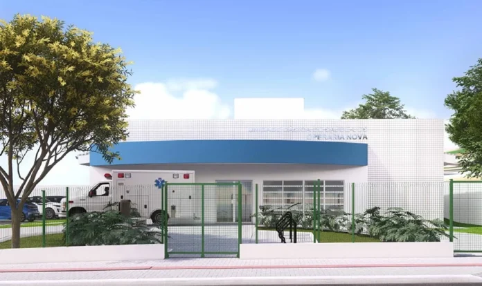 Criciúma autoriza novas UBSs e revitalização do Horto Projeto arquitetônico de nova Unidade Básica de Saúde em Criciúma, com fachada moderna, ambulância e cercamento externo
