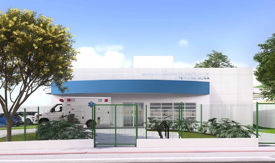 Projeto arquitetônico de nova Unidade Básica de Saúde em Criciúma, com fachada moderna, ambulância e cercamento externo