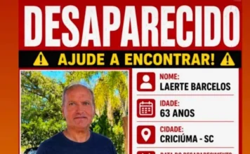 Família procura por homem desaparecido em Balneário Rincão Cartaz informa desaparecimento de Laerte Barcelos, de 63 anos, visto pela última vez em Balneário Rincão