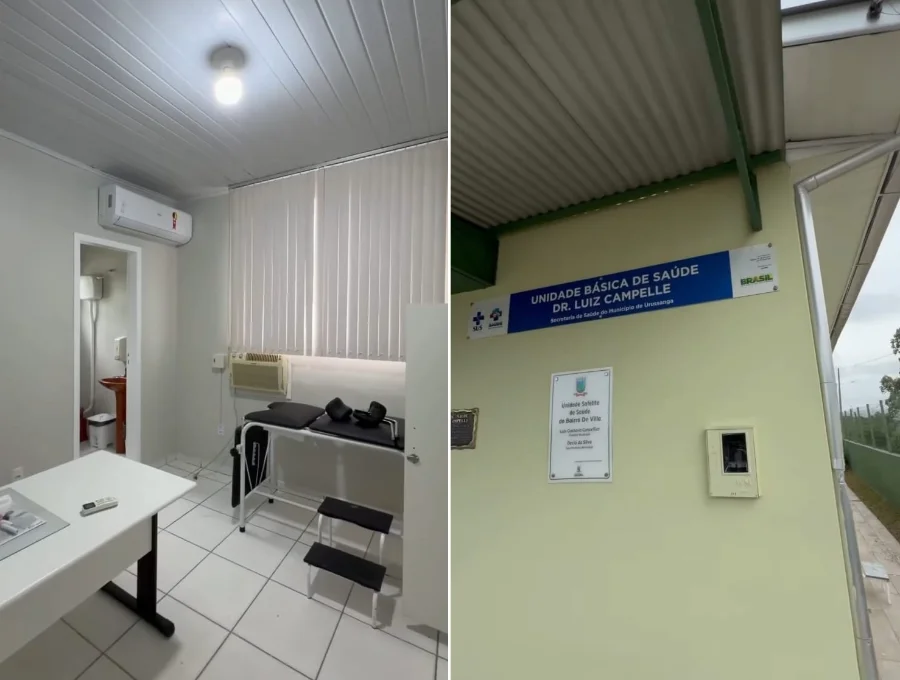 Consultório médico e fachada da Unidade Básica de Saúde Dr. Luiz Campelle, no bairro De Villa, em Urussanga, onde o CEM atende temporariamente durante reforma.