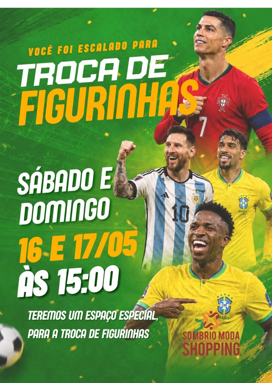 Divulgação da troca de figurinhas da Copa 2026 no Sombrio Moda Shopping aos sábados e domingos