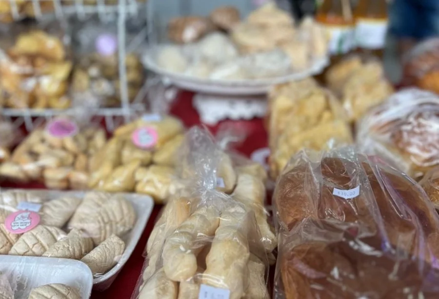 Produtos coloniais e artesanais expostos em feira no Sombrio Moda Shopping, com pães, biscoitos e doces da agricultura familiar.