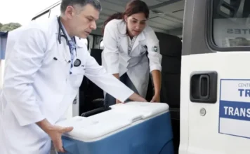 Transplantes no Brasil chegam a recorde histórico em 2025 Profissionais de saúde transportam caixa térmica para transplante de órgãos durante operação de logística médica