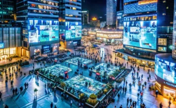 FIESC abre inscrições para missão empresarial à China Vista noturna de centro urbano tecnológico na China, com prédios iluminados e grande movimentação, relacionada à missão empresarial da FIESC à China e à Canton Fair 2026.