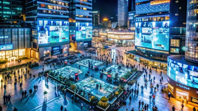 FIESC abre inscrições para missão empresarial à China Vista noturna de centro urbano tecnológico na China, com prédios iluminados e grande movimentação, relacionada à missão empresarial da FIESC à China e à Canton Fair 2026.