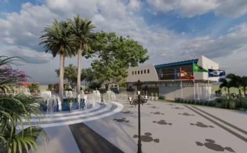Meleiro inicia reforma da Praça do Paço Municipal Projeto de revitalização da Praça do Paço Municipal de Meleiro mostra chafariz, arborização, área de convivência e prédio público ao fundo