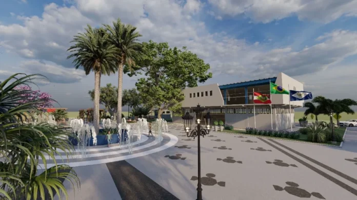 Meleiro inicia reforma da Praça do Paço Municipal Projeto de revitalização da Praça do Paço Municipal de Meleiro mostra chafariz, arborização, área de convivência e prédio público ao fundo