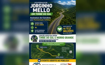 Governador vai a Timbé assinar obra de R$ 12,5 mi Governador Jorginho Mello participa em Timbé do Sul da assinatura de convênio de R$ 12,5 milhões para pavimentação asfáltica entre Timbé do Sul e Morro Grande.