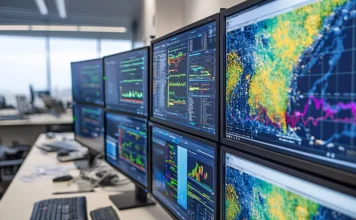 FIESC prepara indústrias para eventos climáticos extremos Monitores exibem mapas meteorológicos e dados climáticos usados no acompanhamento de eventos extremos pela indústria catarinense.