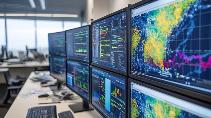 FIESC prepara indústrias para eventos climáticos extremos Monitores exibem mapas meteorológicos e dados climáticos usados no acompanhamento de eventos extremos pela indústria catarinense.