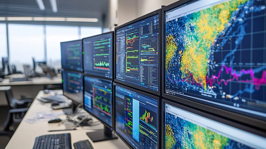 FIESC prepara indústrias para eventos climáticos extremos Monitores exibem mapas meteorológicos e dados climáticos usados no acompanhamento de eventos extremos pela indústria catarinense.