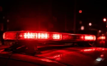 Homem é preso por receptação com 22 roupas em Criciúma Giroflex de viatura policial aceso durante a noite, em imagem ilustrativa de ocorrência de receptação registrada em Criciúma.