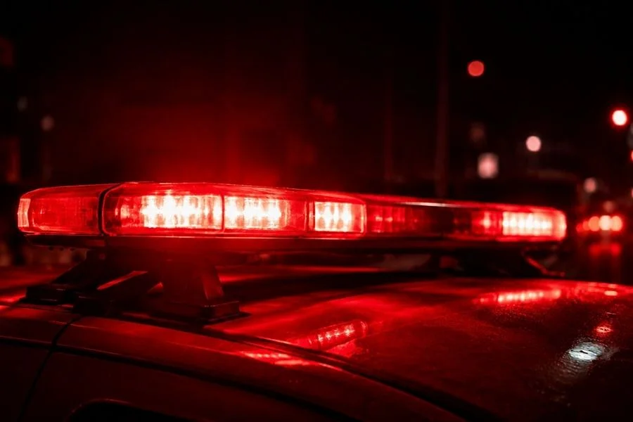 Homem é preso por receptação com 22 roupas em Criciúma Giroflex de viatura policial aceso durante a noite, em imagem ilustrativa de ocorrência de receptação registrada em Criciúma.