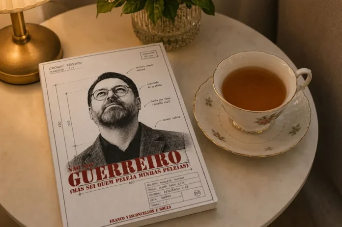 Livro sobre fé e recomeços será lançado em Sombrio Livro “Não Sou Guerreiro (Mas Sei Quem Peleja Minhas Peleias)”, de Franco Vasconcellos e Souza, sobre mesa ao lado de uma xícara de chá, obra que será lançada em Sombrio.