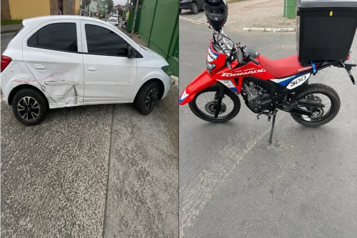Motociclista fica ferido em colisão em Criciúma Carro Chevrolet Onix danificado e motocicleta Honda XRE 300 após colisão no bairro Pinheirinho, em Criciúma.