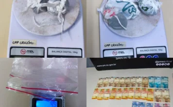 PM encontra drogas, ecstasy e R$ 1 mil com jovem em Criciúma Montagem reúne maconha, comprimidos, balanças e dinheiro apreendidos pela Polícia Militar em ocorrência de tráfico em Criciúma.