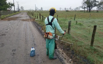 Projeto Recomeçar limpa 30 bocas de lobo em Araranguá Trabalhador realiza roçada em via do bairro Polícia Rodoviária durante ação do Projeto Recomeçar em Araranguá.