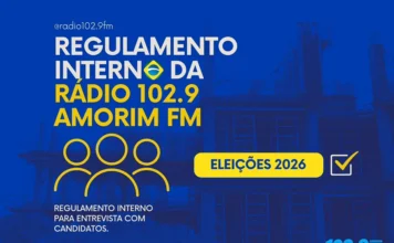 Rede Amorim define regras para entrevistas eleitorais 2026 Arte do regulamento interno da Rádio 102.9 Amorim FM para entrevistas com candidatos nas Eleições 2026.