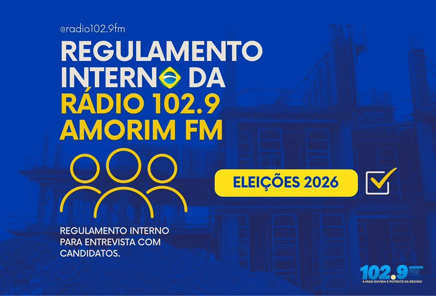 Arte do regulamento interno da Rádio 102.9 Amorim FM para entrevistas com candidatos nas Eleições 2026.