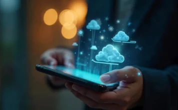 SENAI/SC vira parceiro da AWS e amplia atuação global Pessoa usa smartphone com representação de computação em nuvem, tecnologia relacionada à parceria entre SENAI/SC e AWS para soluções digitais e inovação industrial.