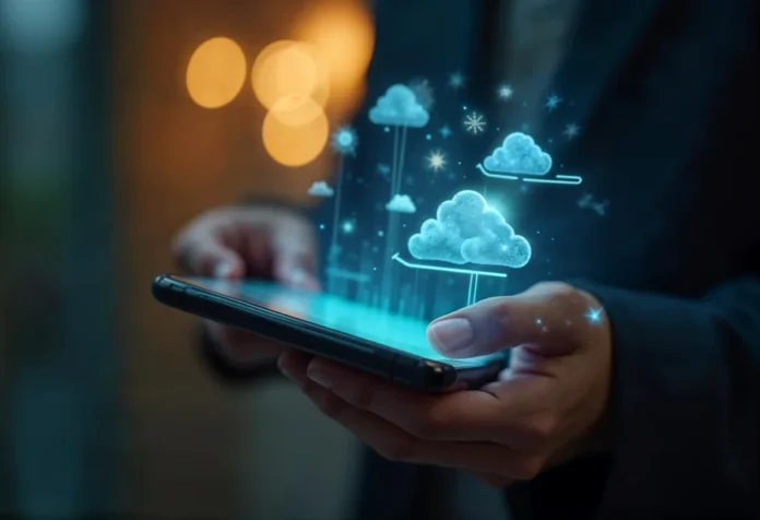 SENAI SC vira parceiro da AWS e amplia atuação global Pessoa usa smartphone com representação de computação em nuvem, tecnologia relacionada à parceria entre SENAI/SC e AWS para soluções digitais e inovação industrial.
