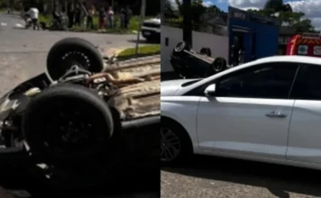 Colisão termina em capotamento no Renascer, em Criciúma Montagem mostra VW Gol capotado e Hyundai HB20 envolvidos em acidente de trânsito no bairro Renascer, em Criciúma.