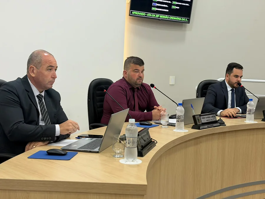 Vereadores à mesa diretora da Câmara de Balneário Arroio do Silva durante sessão legislativa.